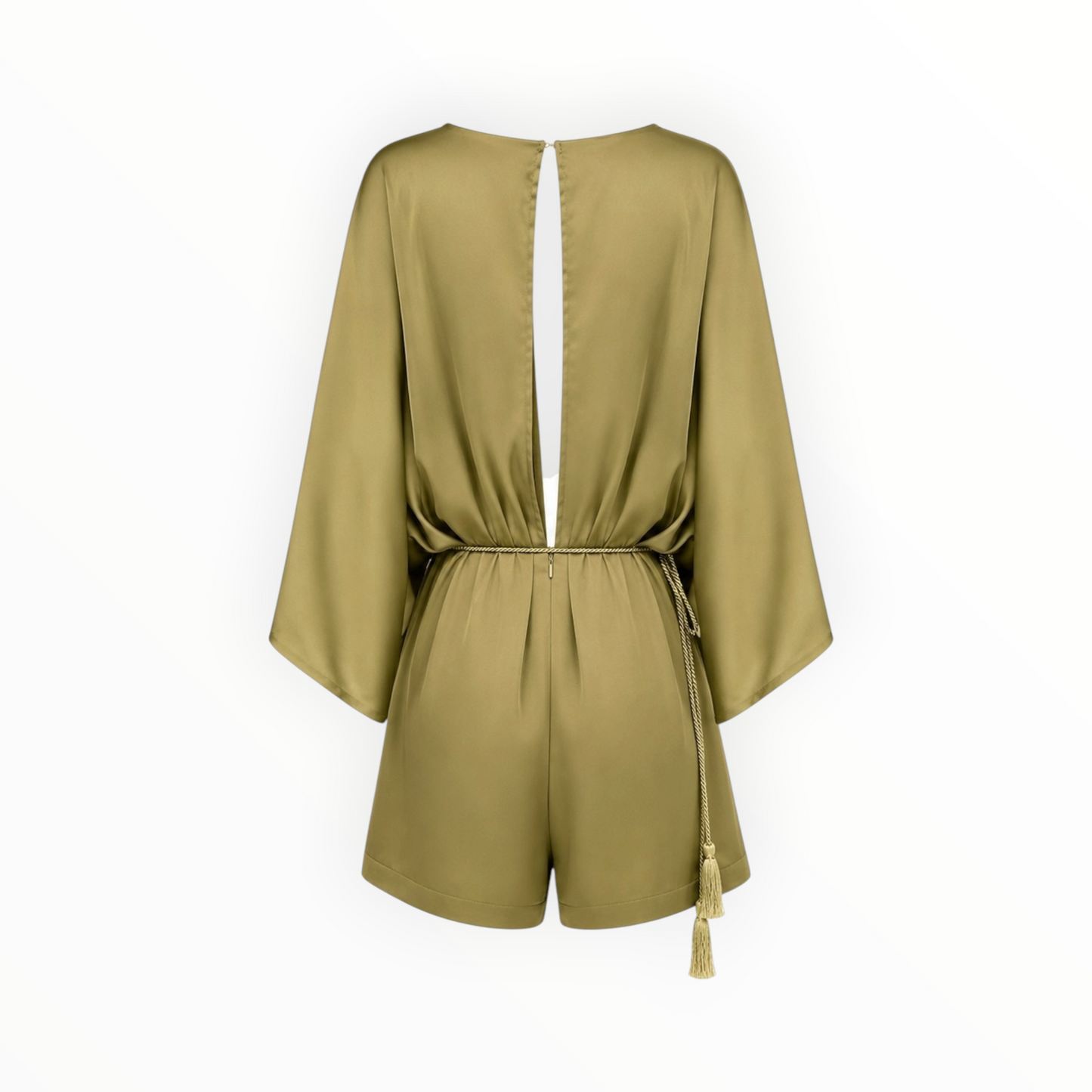 Satin Open Back Tassel Belted Romper size L