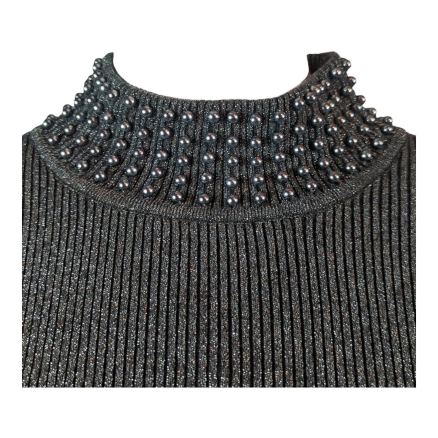 Sparkling Metallic Gray Pearl Beaded Neck Sweater size Small