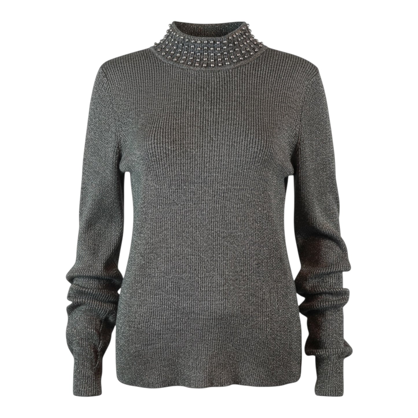 Sparkling Metallic Gray Pearl Beaded Neck Sweater size Small