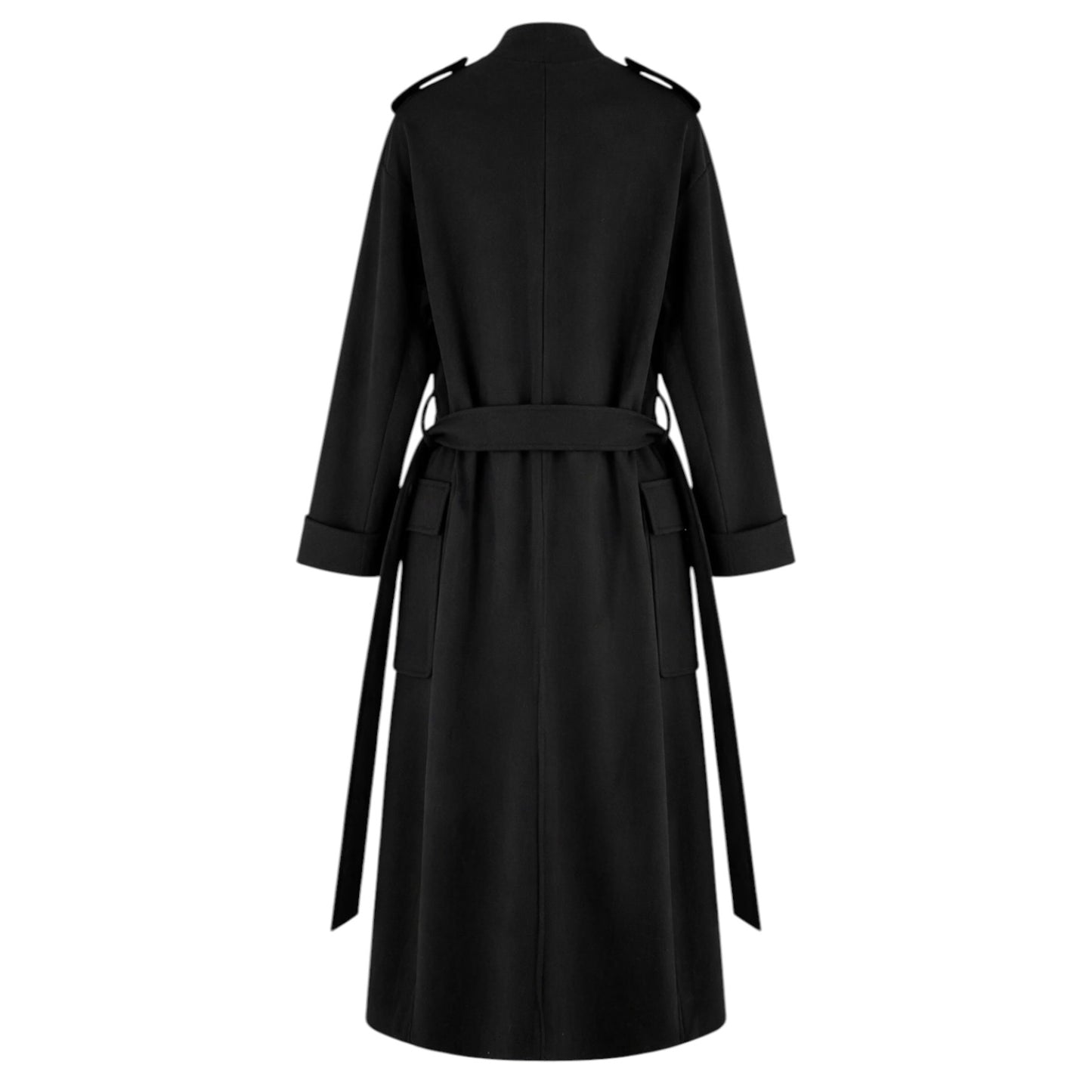 Black Belted Coat with Floral Ruffle Detail size 42