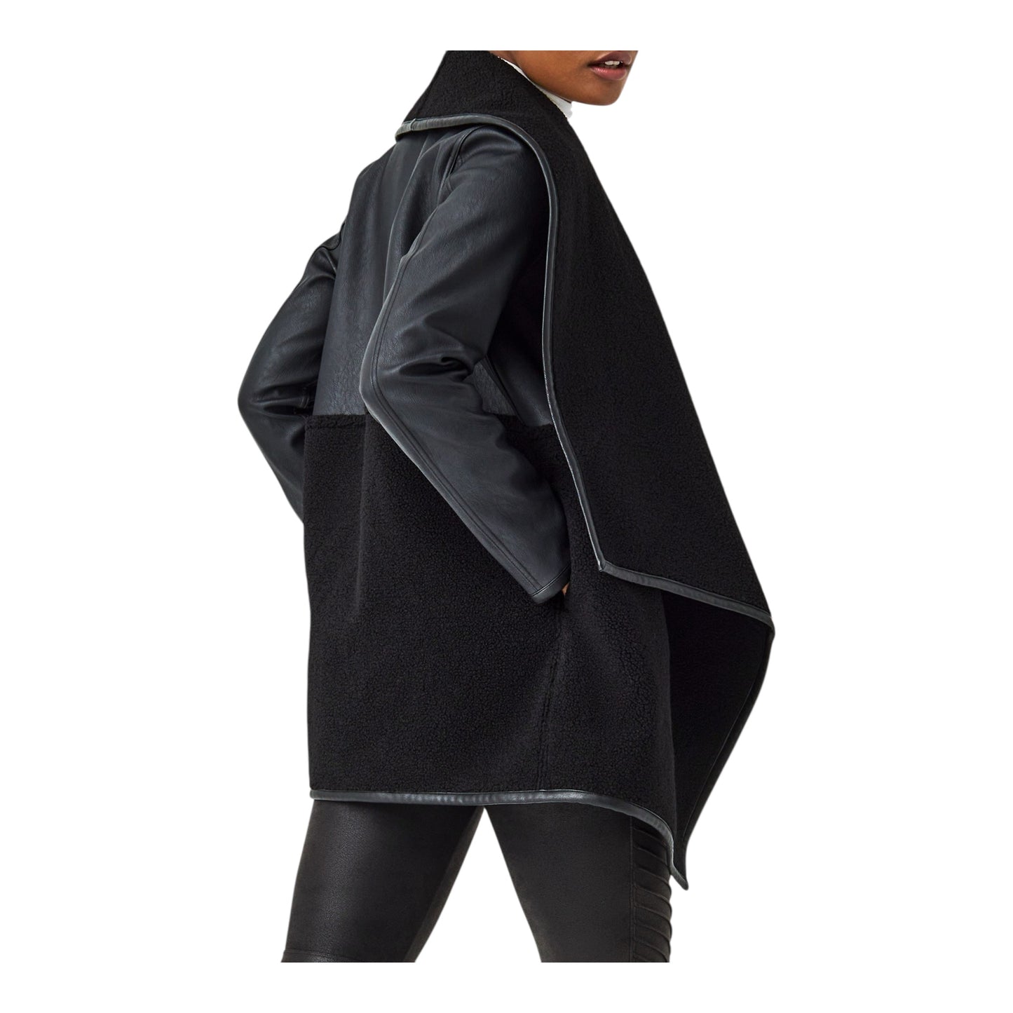 Fleece & Faux Leather Long Wrap Jacket size Large