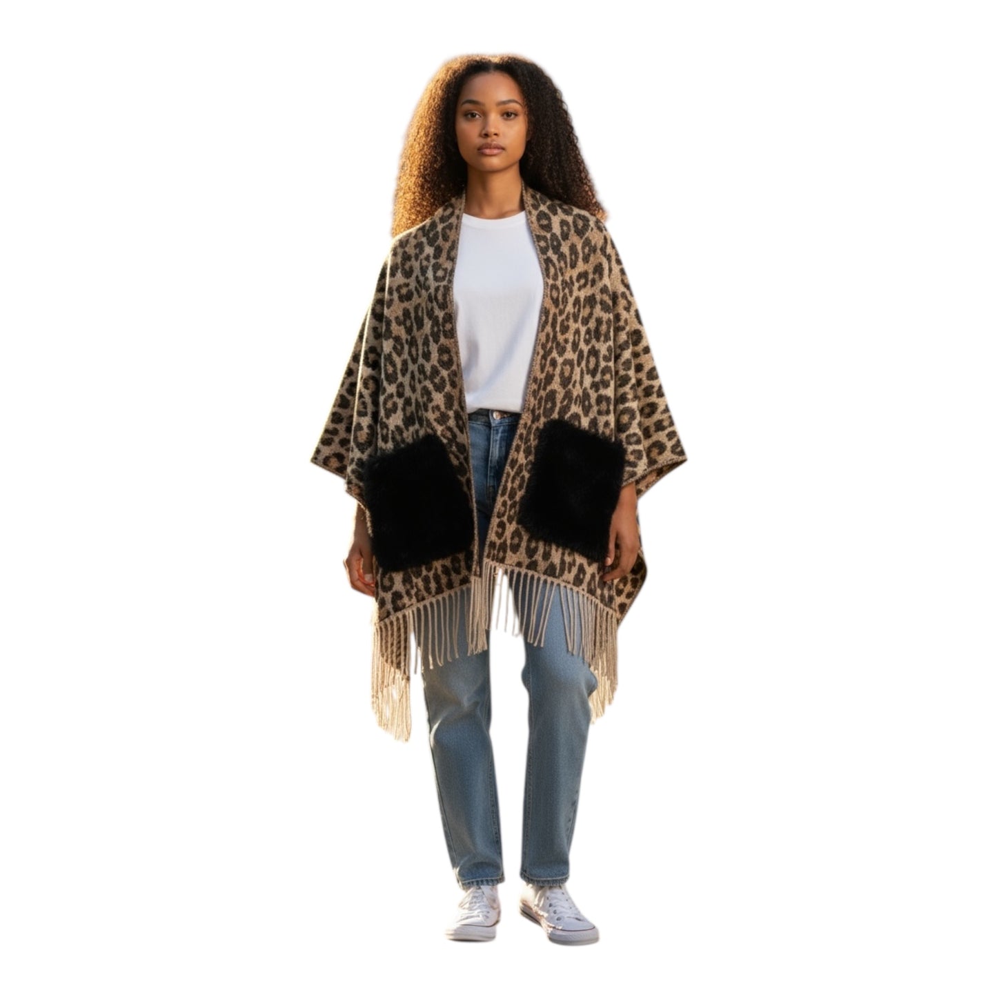 Leopard Shawl with Fur Pockets