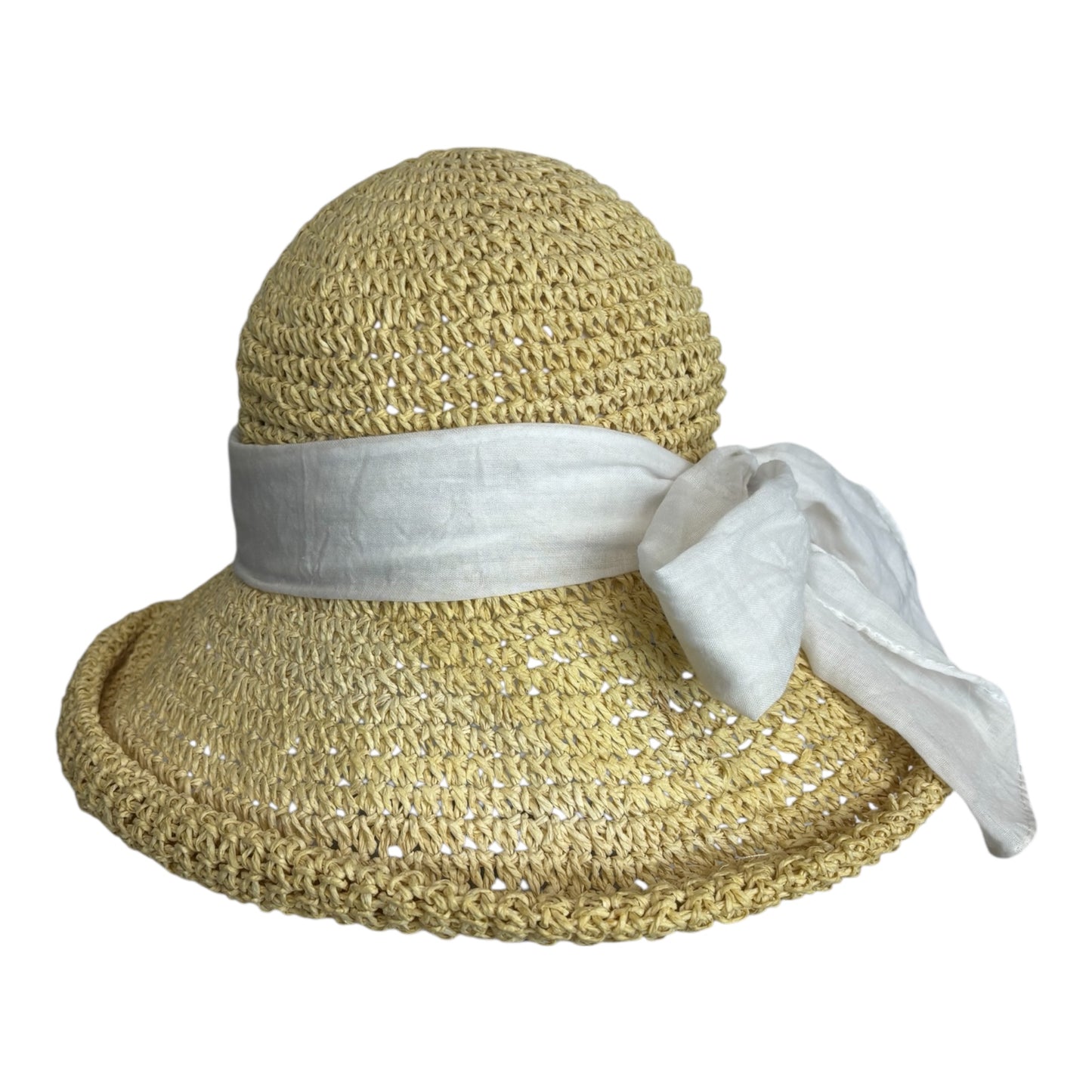 Rolled Brim Straw Hat with Ribbon