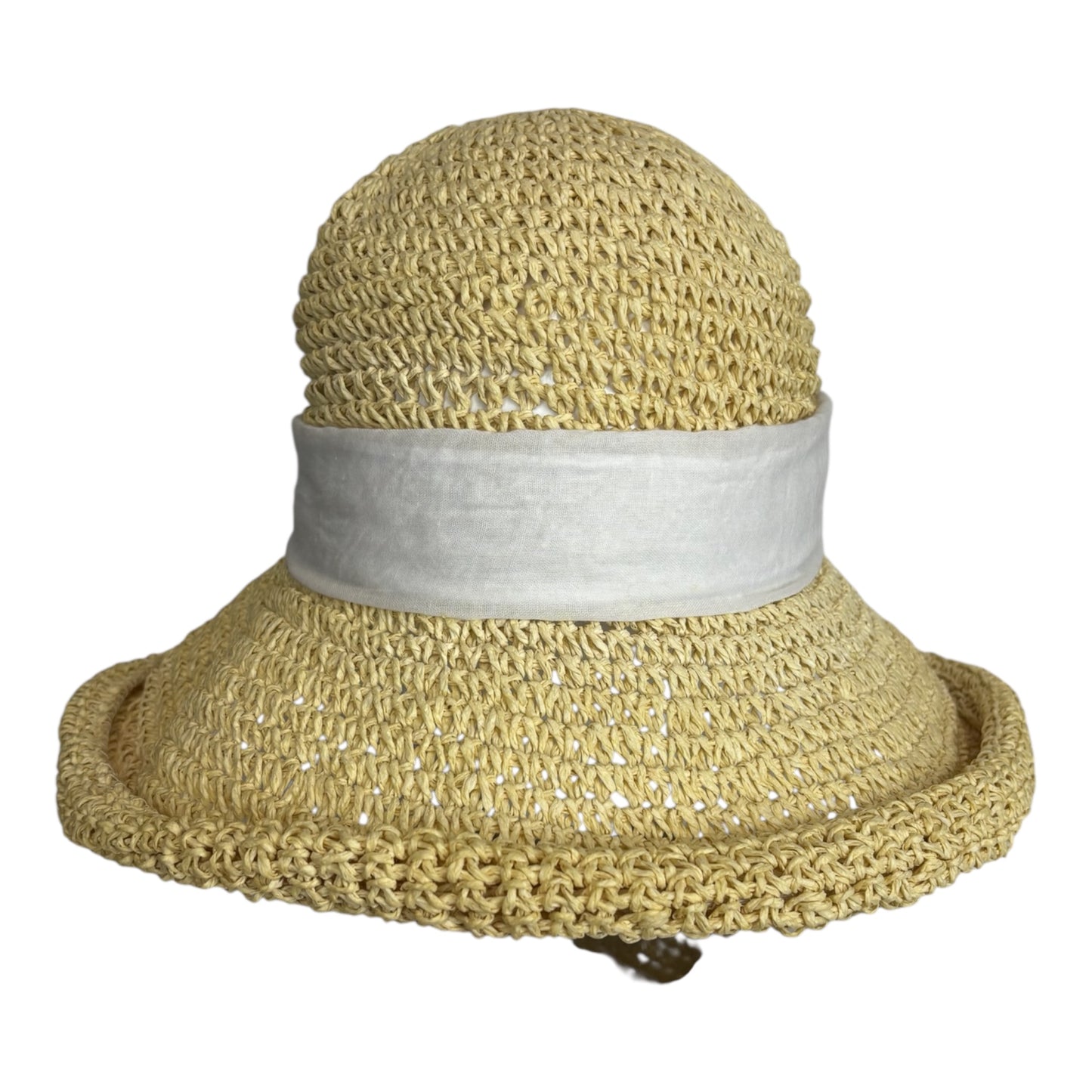 Rolled Brim Straw Hat with Ribbon