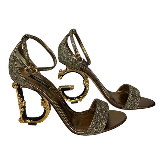 Gold Lurex Fabric Bette Sculpture Heel Open Toe Sandals size 39.5