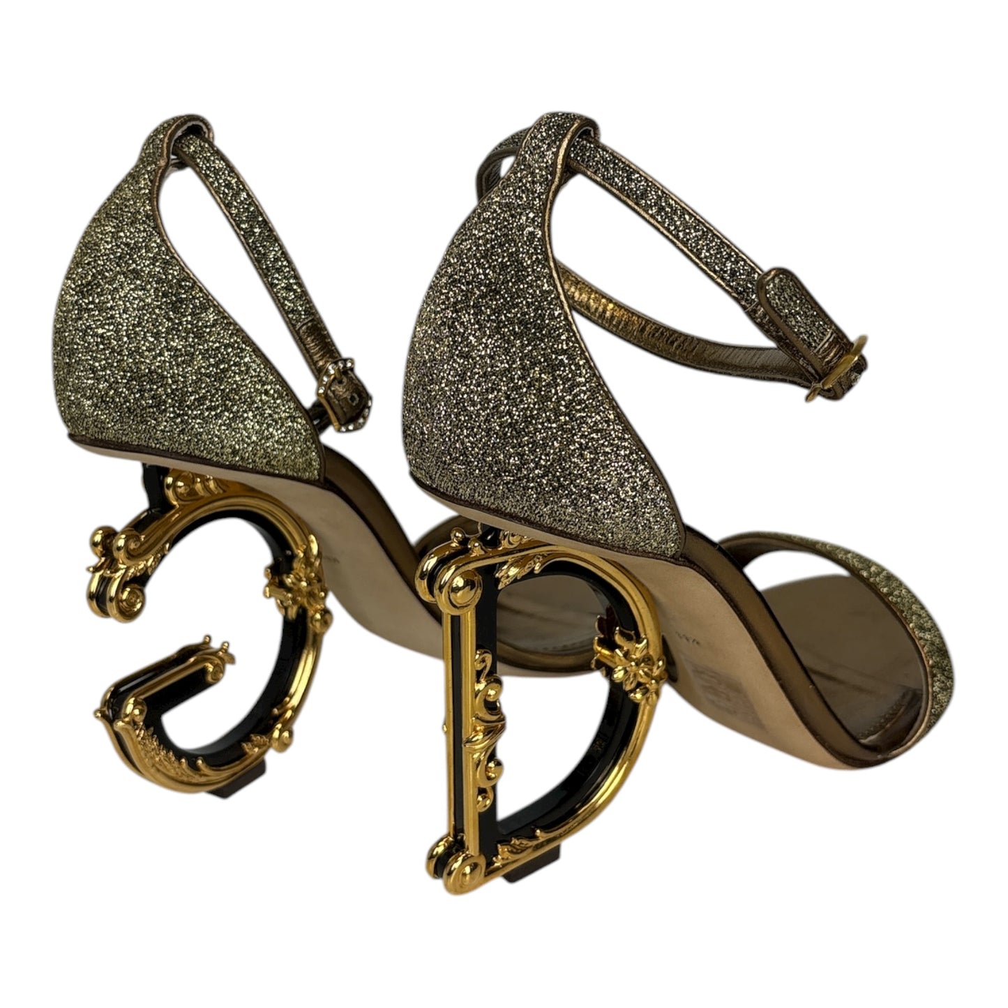Gold Lurex Fabric Bette Sculpture Heel Open Toe Sandals size 39.5
