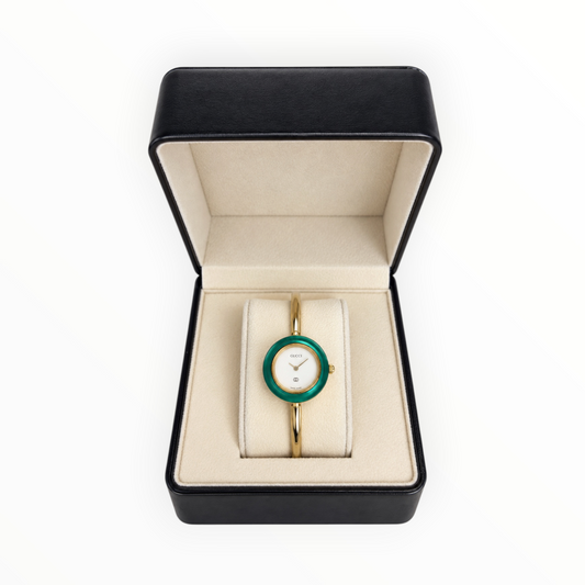 Gold-Tone Green Bezel Bangle Watch