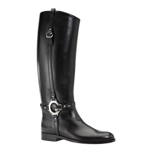 Web Accent Leather Riding Boots Size 39.5