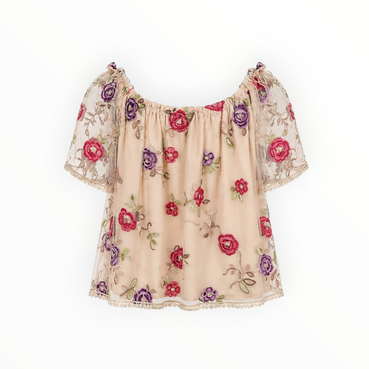 Embroidered Floral Mesh Off-the-Shoulder Top size XS