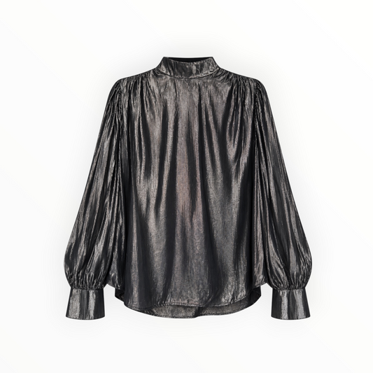 Shimmer Black High-Neck Puff-Sleeve Blouse size S NEW WITH TAGS