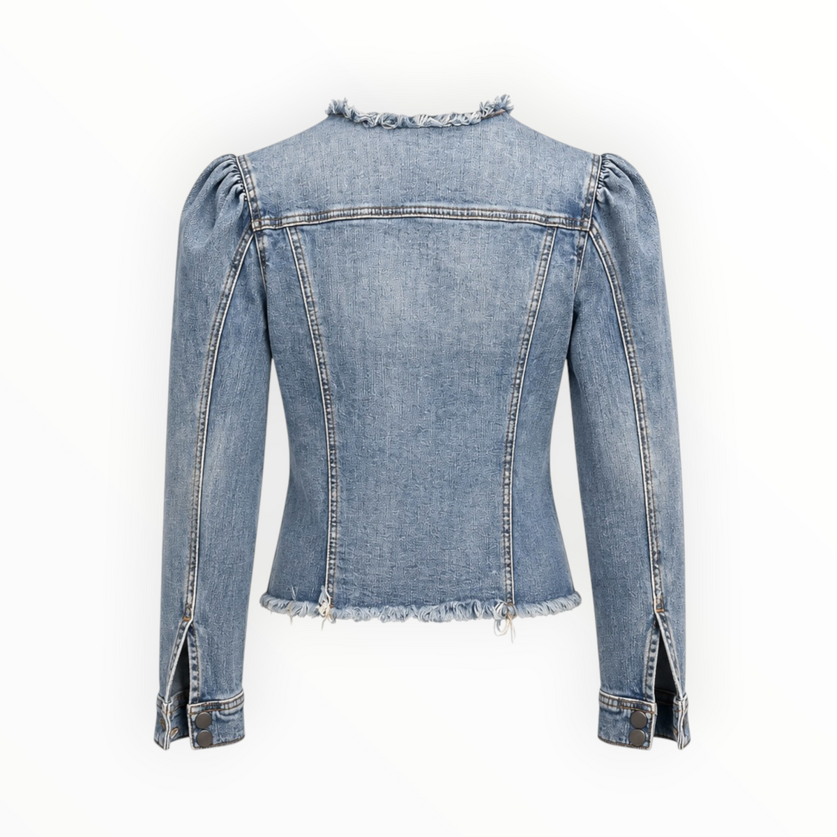 Puff Sleeve Frayed Denim Jacket size M