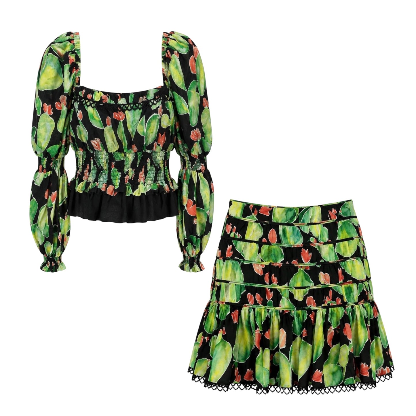 Tropical Print Puff Sleeve Top & Skirt Set size L