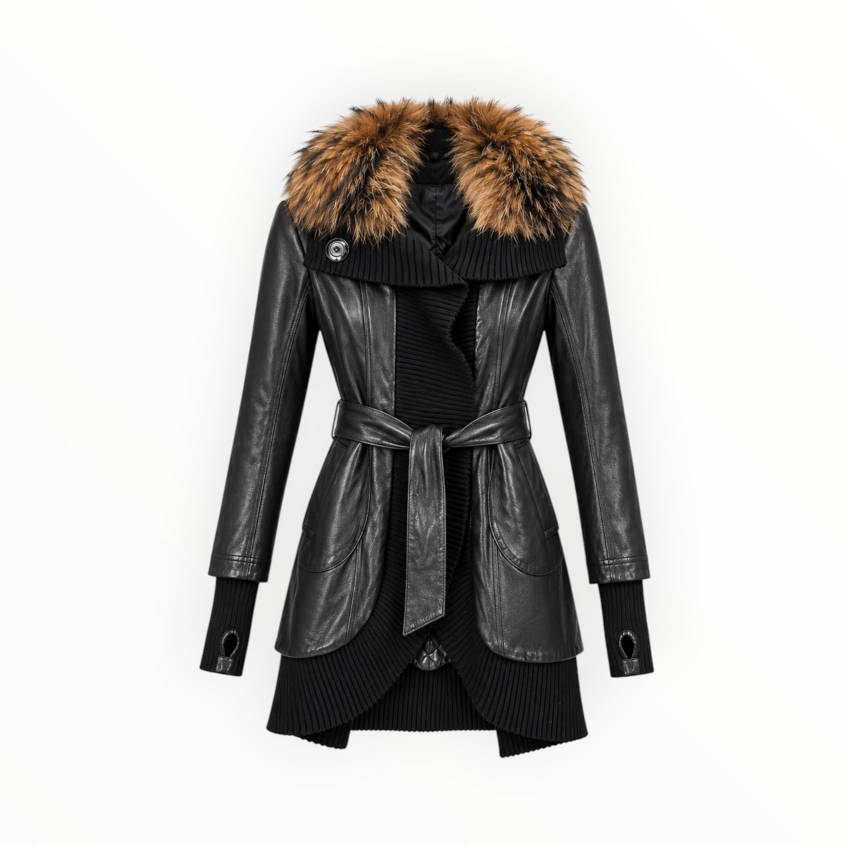 Leather & Knit Fur-Collar Coat size XS