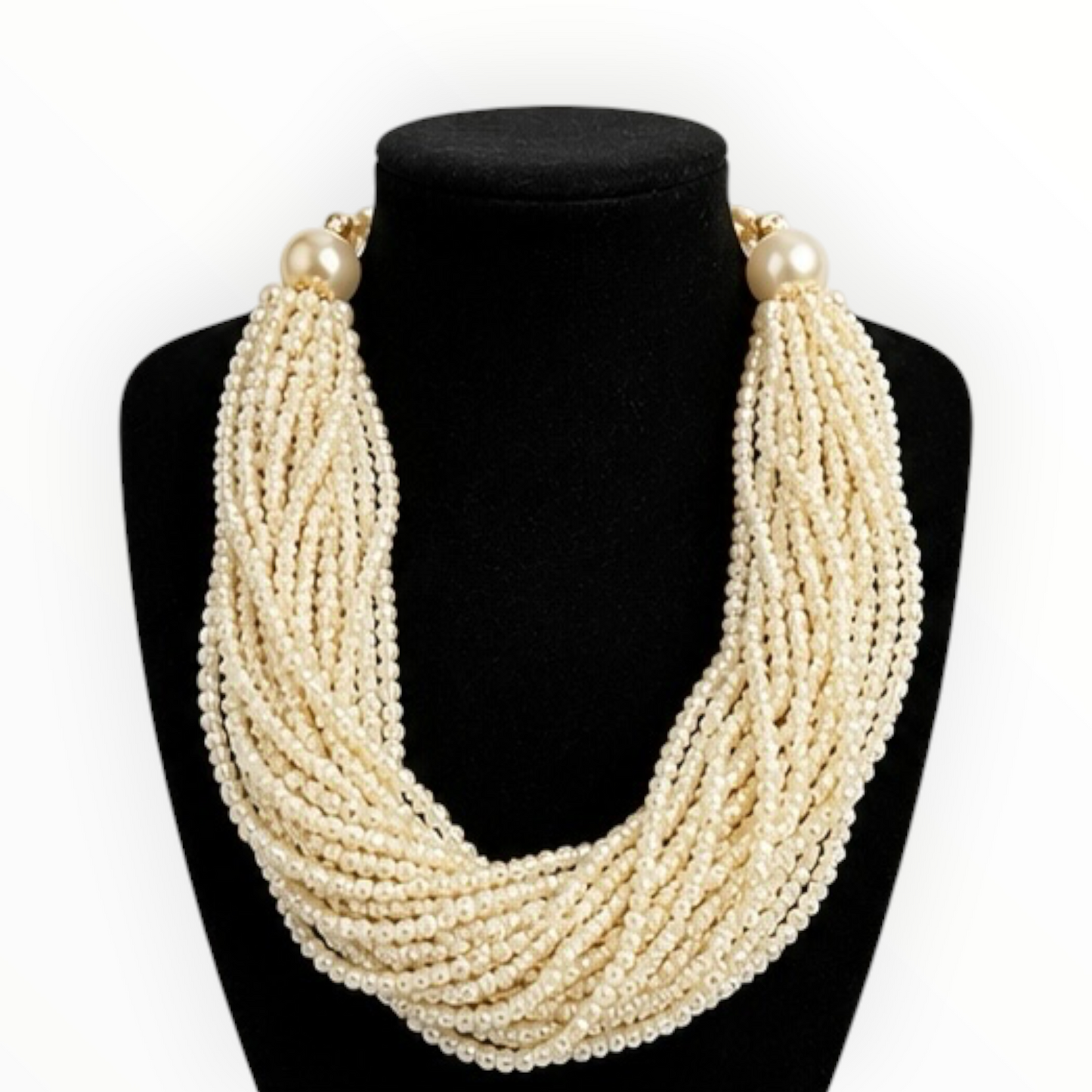 Multi-Strand Pearl Necklace, detachable Crystal Scarf Clip & Clip-On Earring Set