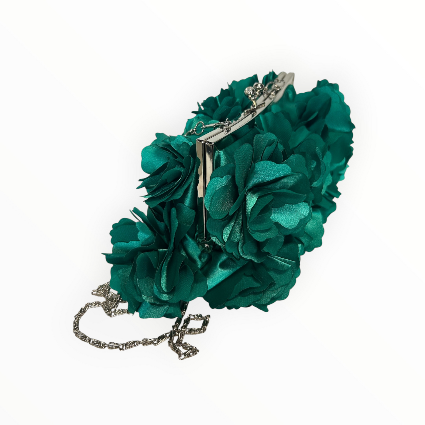 3D Floral Satin Clutch with Silver Chain Strap
