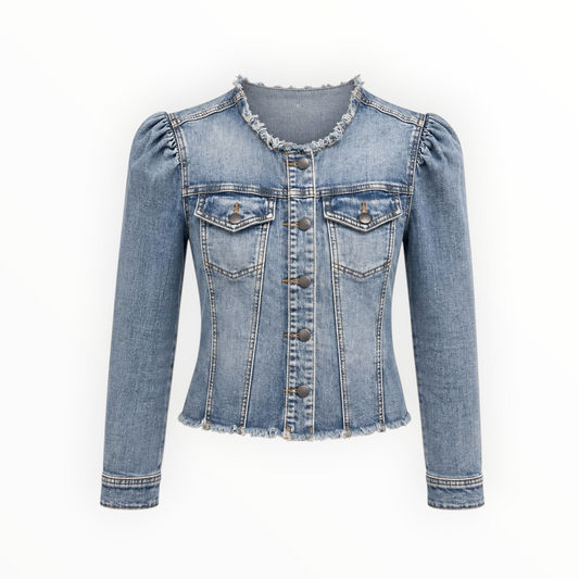 Puff Sleeve Frayed Denim Jacket size M