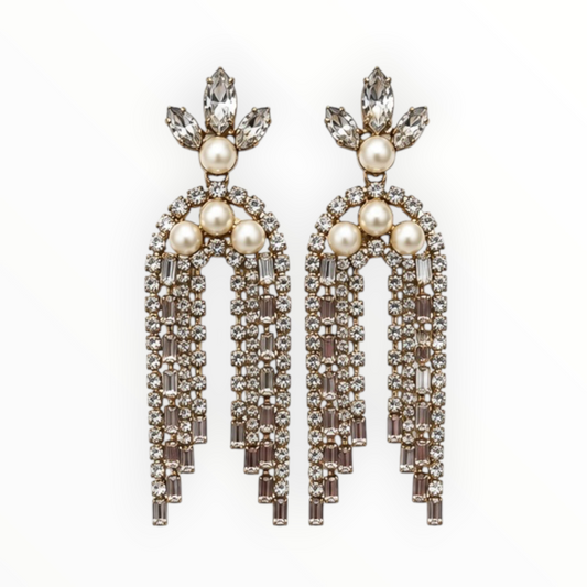 Pearl & Crystal Rhinestone Fringe Earrings