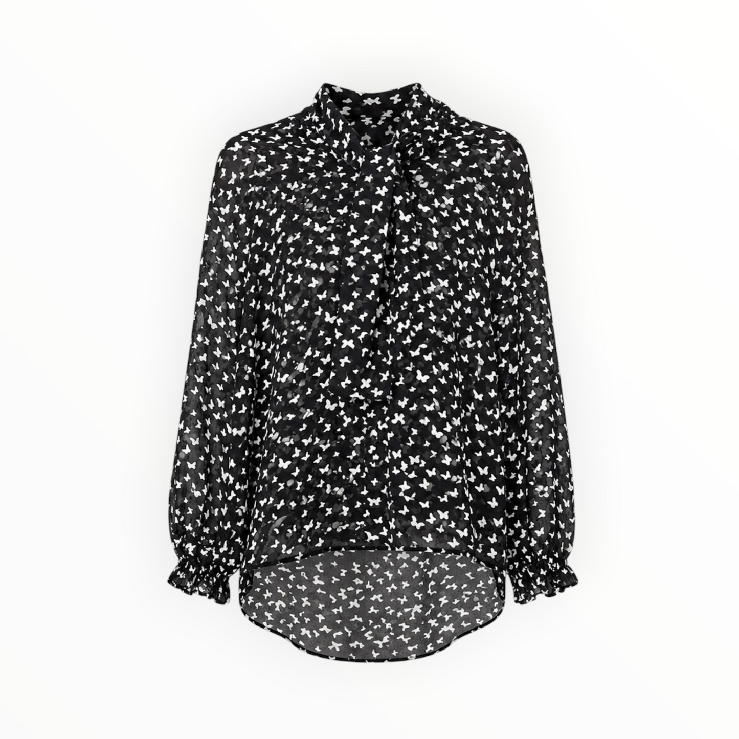 Sheer Butterfly Print Tie-Neck Blouse size 46