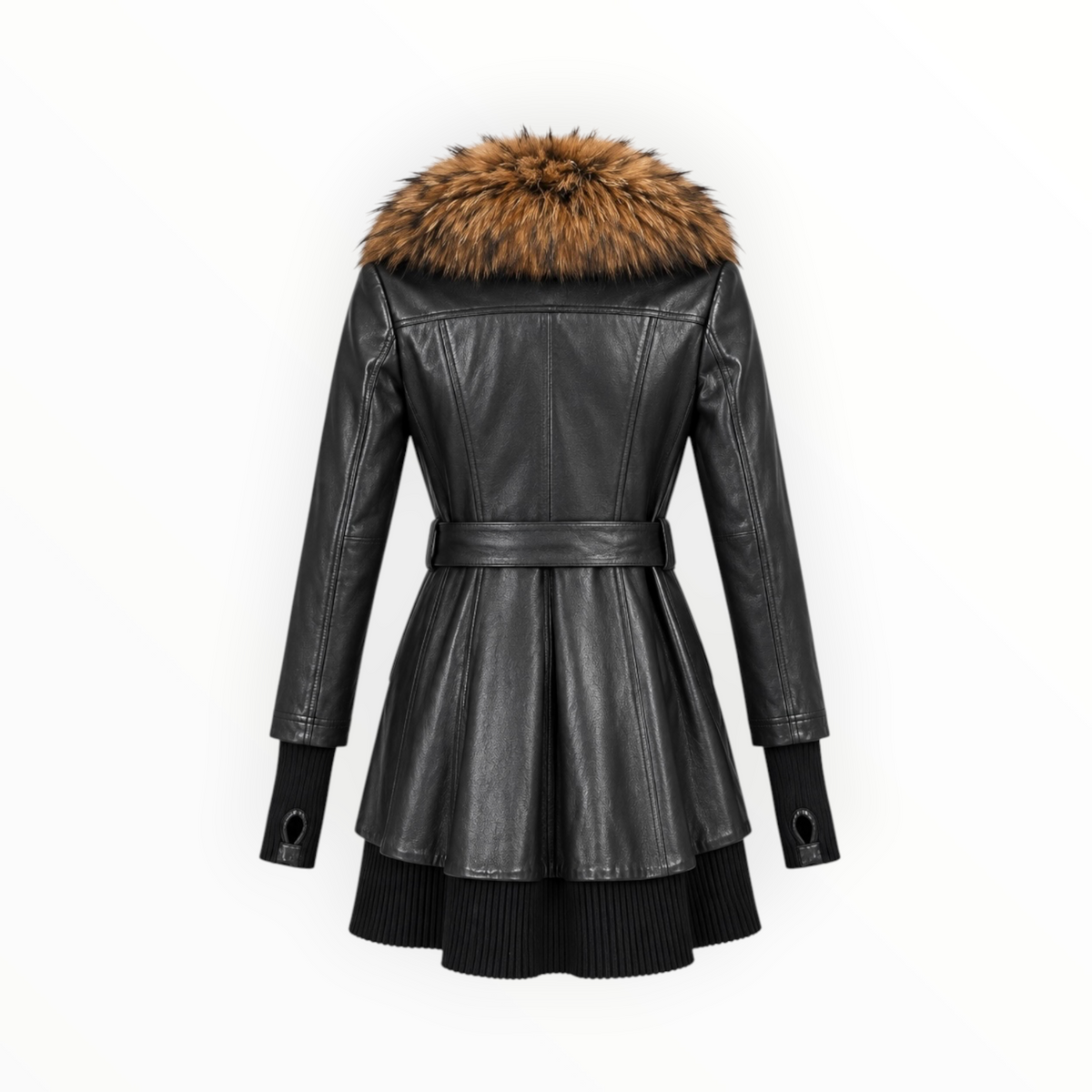 Leather & Knit Fur-Collar Coat size XS
