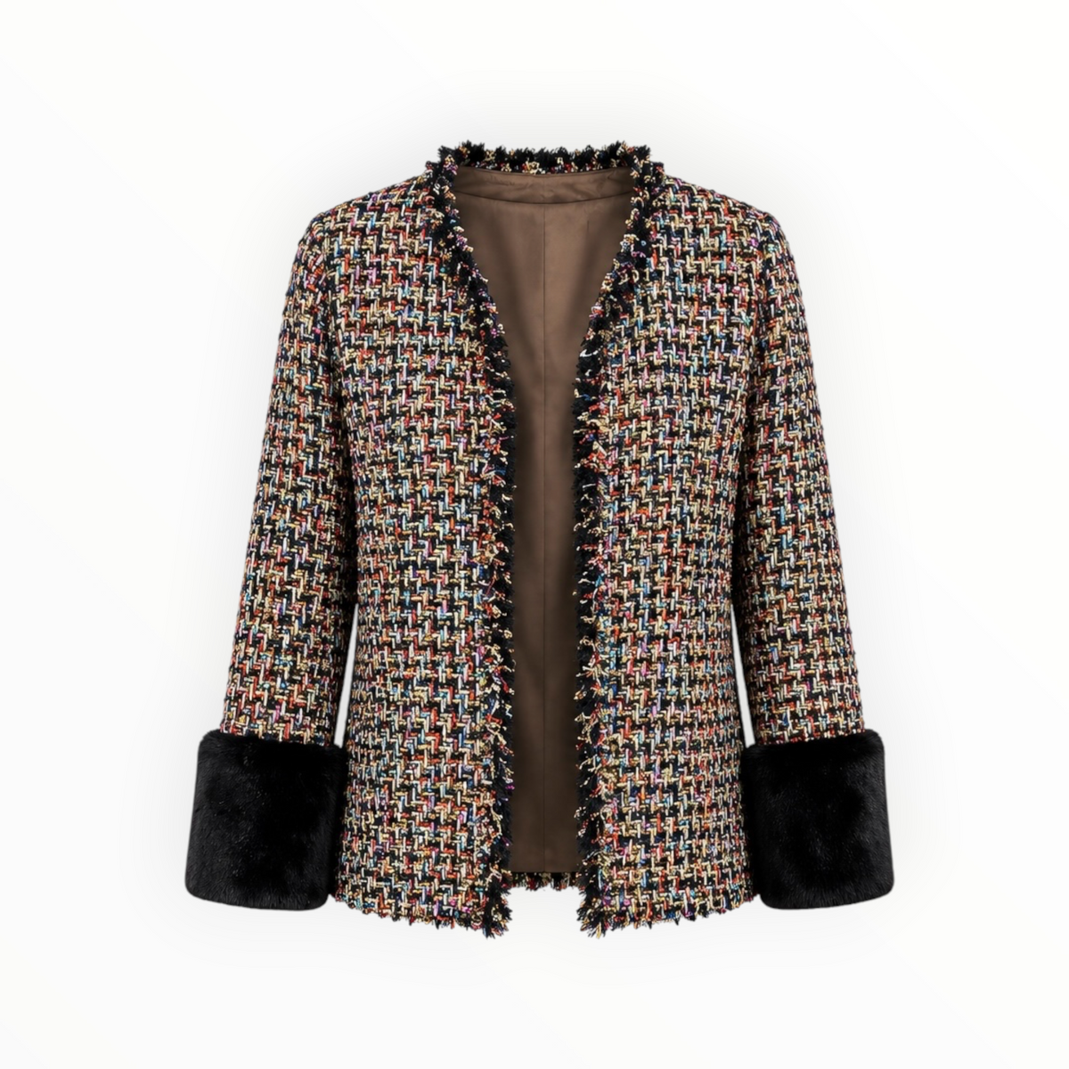 Tweed Jacket with Faux-Fur Cuffs size L