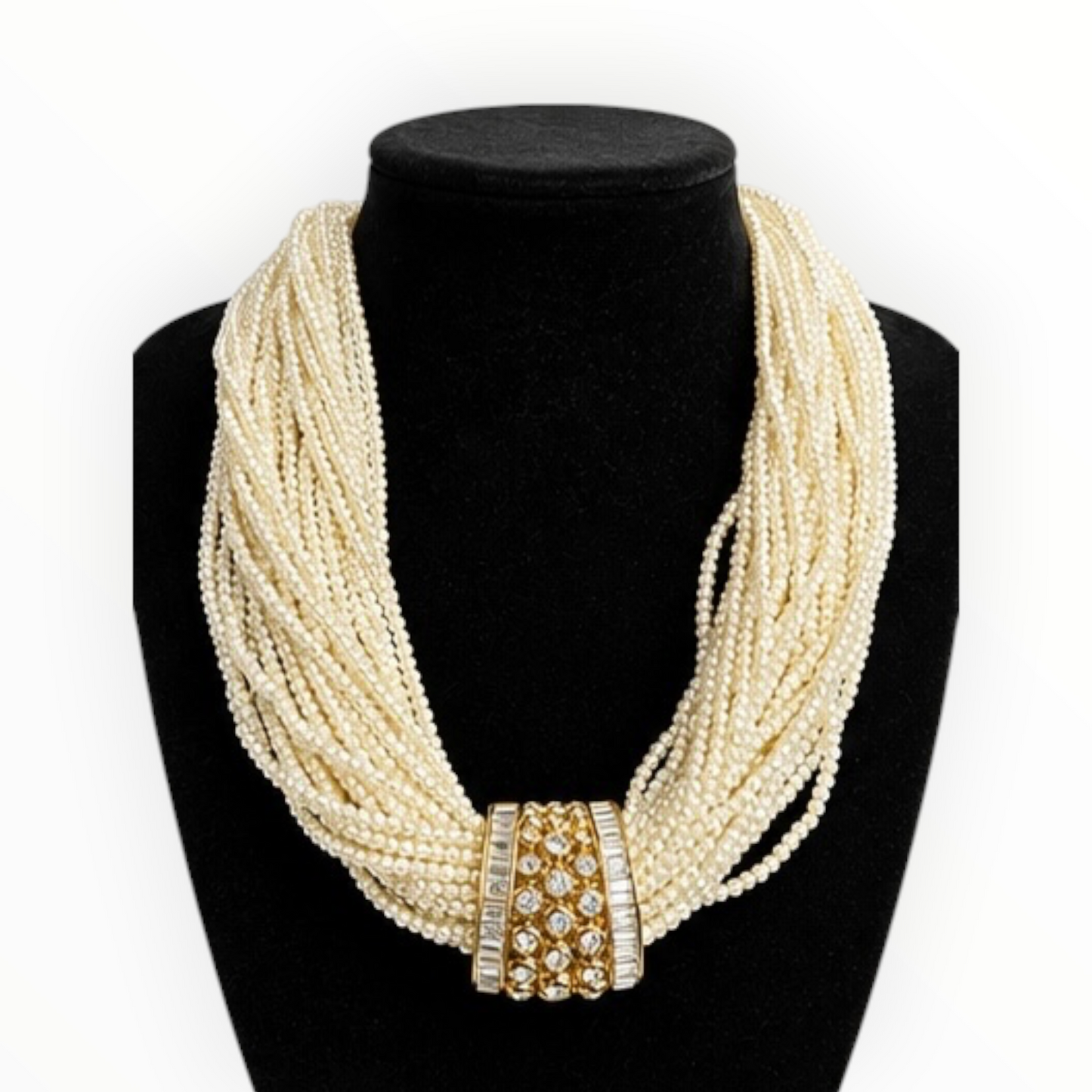 Multi-Strand Pearl Necklace, detachable Crystal Scarf Clip & Clip-On Earring Set