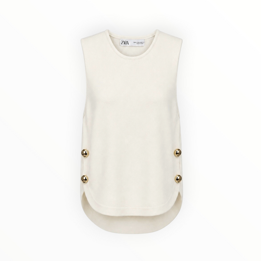 Gold-Button Sleeveless Knit Top size S