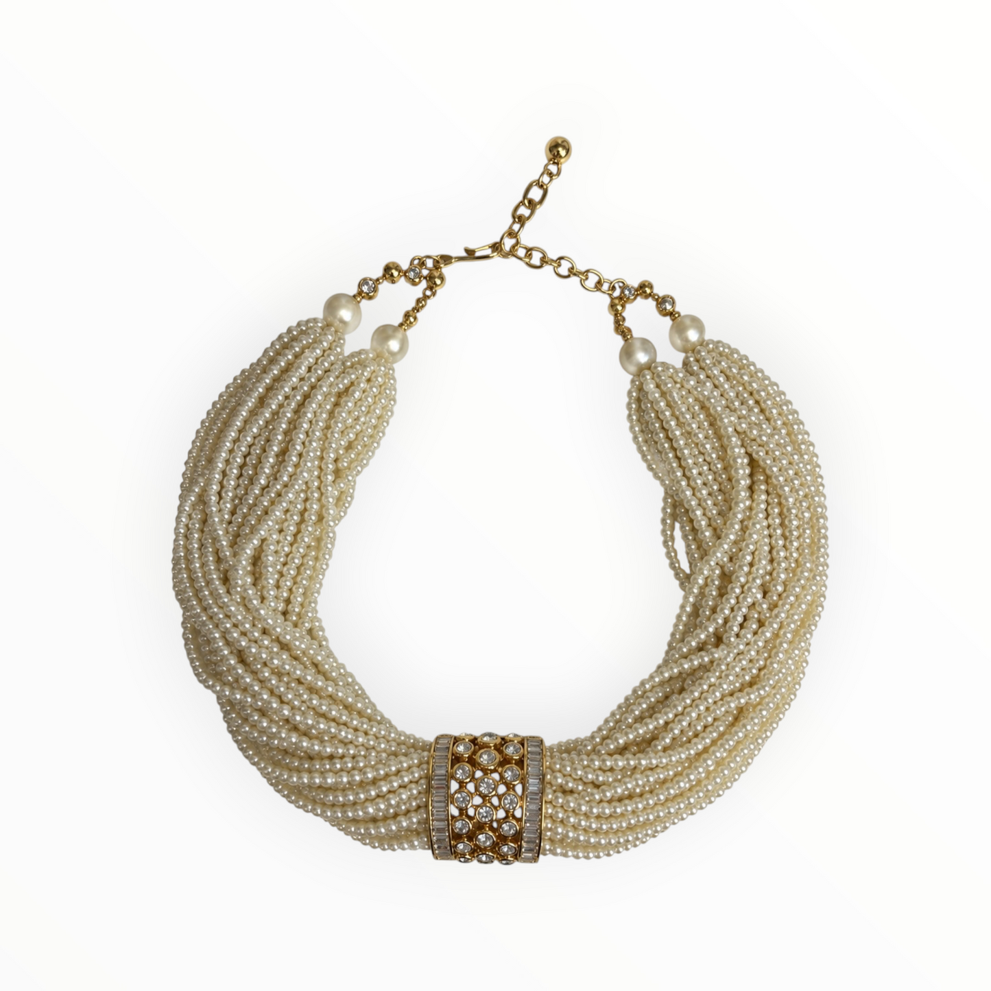 Multi-Strand Pearl Necklace, detachable Crystal Scarf Clip & Clip-On Earring Set