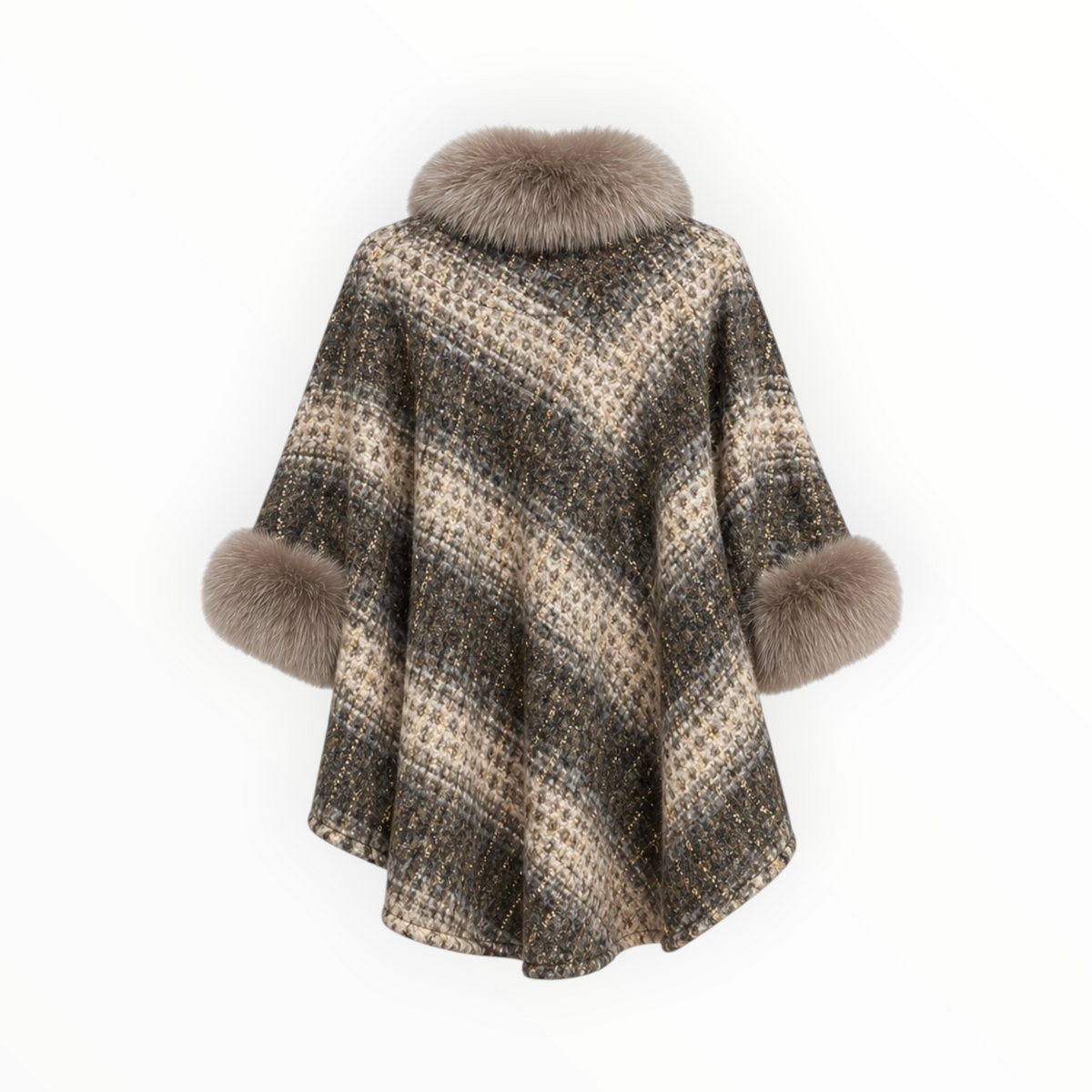 Tweed Fox Fur Trim Poncho OS