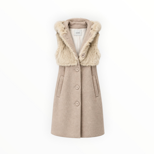 Rabbit Fur Trim Hooded Wool Vest size S
