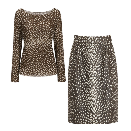 Fawn Print Mesh Top & Faux Leather Skirt Set size 48