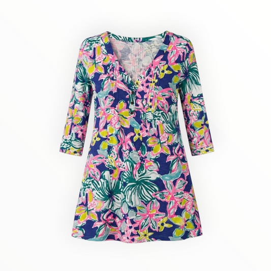 Tropical Floral Henley Tunic Dress size M