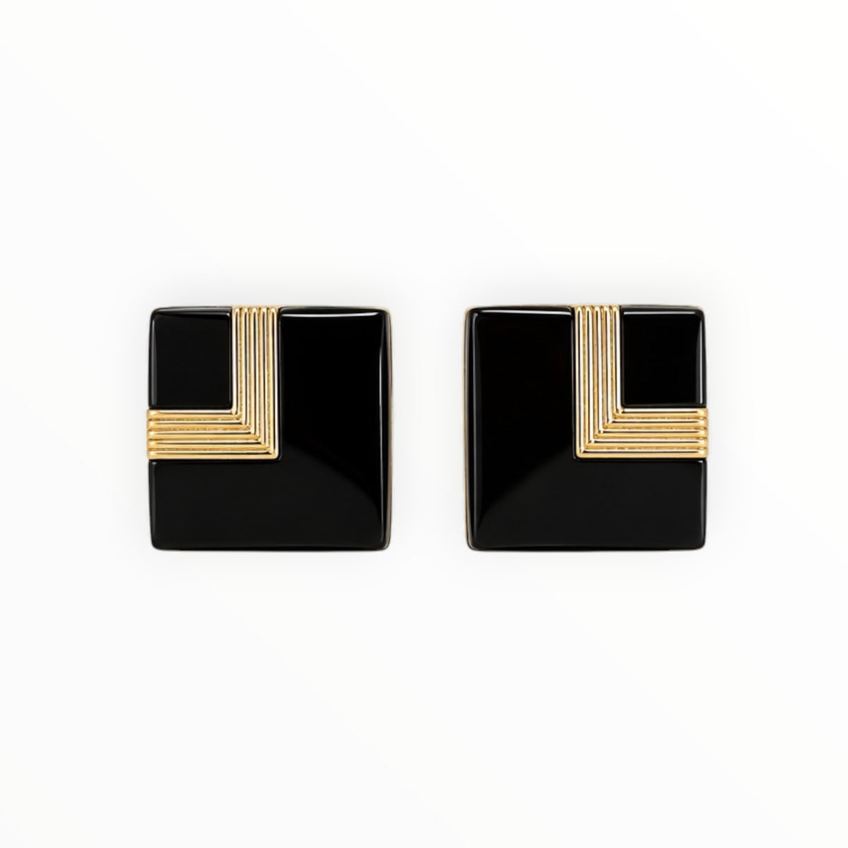 14K Gold & Genuine Black Onyx Square Stud Earrings NIB