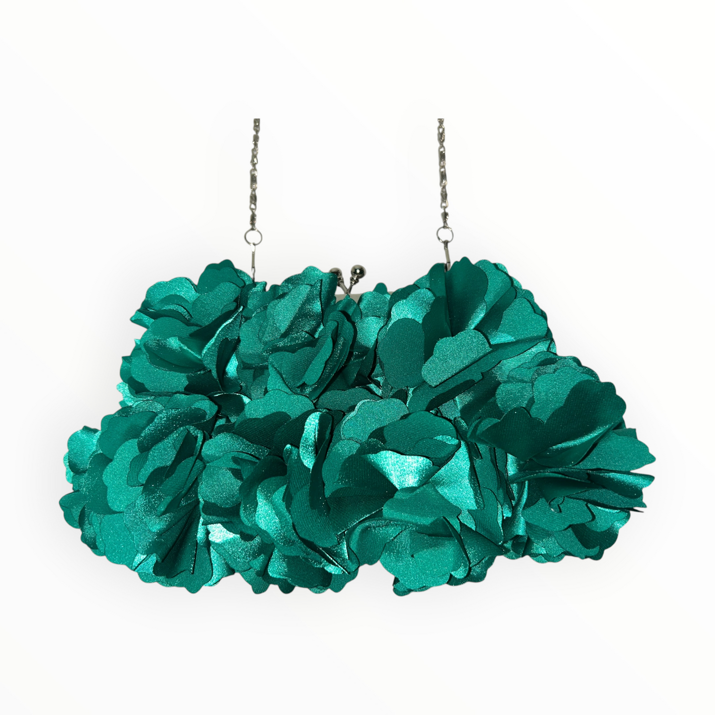 3D Floral Satin Clutch with Silver Chain Strap