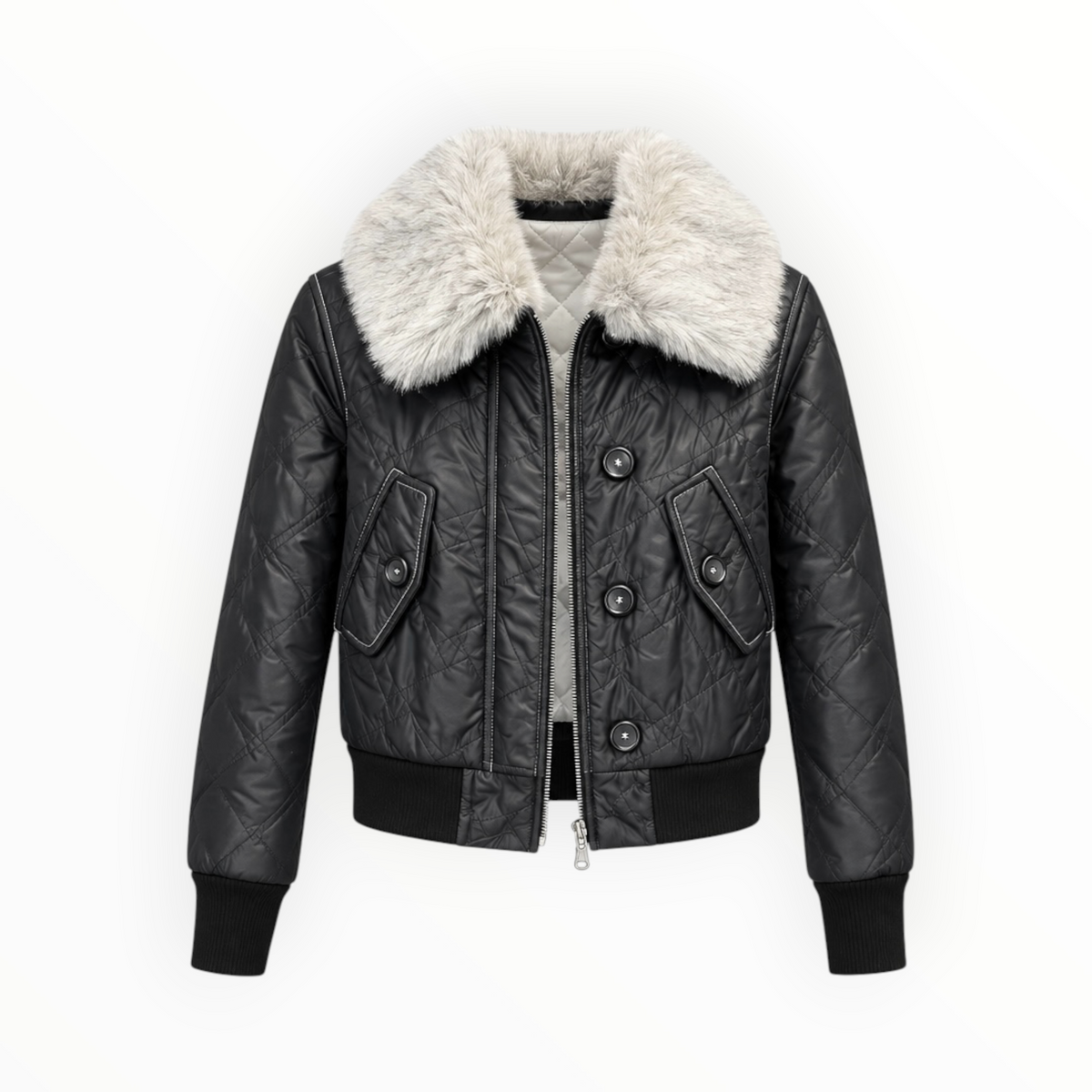 Quilted Faux Fur Collar Bomber Jacket size 36