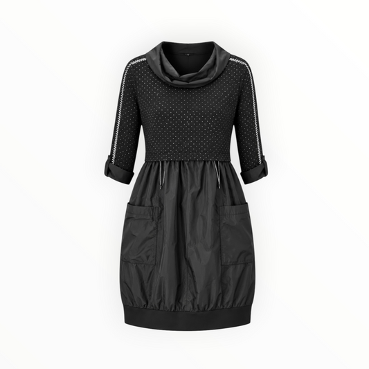 Mixed-Fabric Bubble-Hem Dress size L NEW WITH TAGS