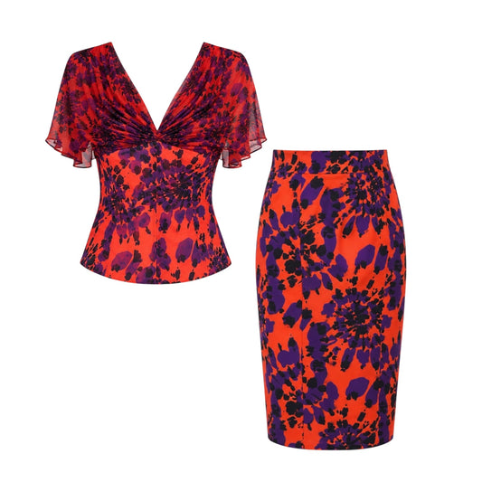 Floral Ruched Blouse & Pencil Skirt Set size 48