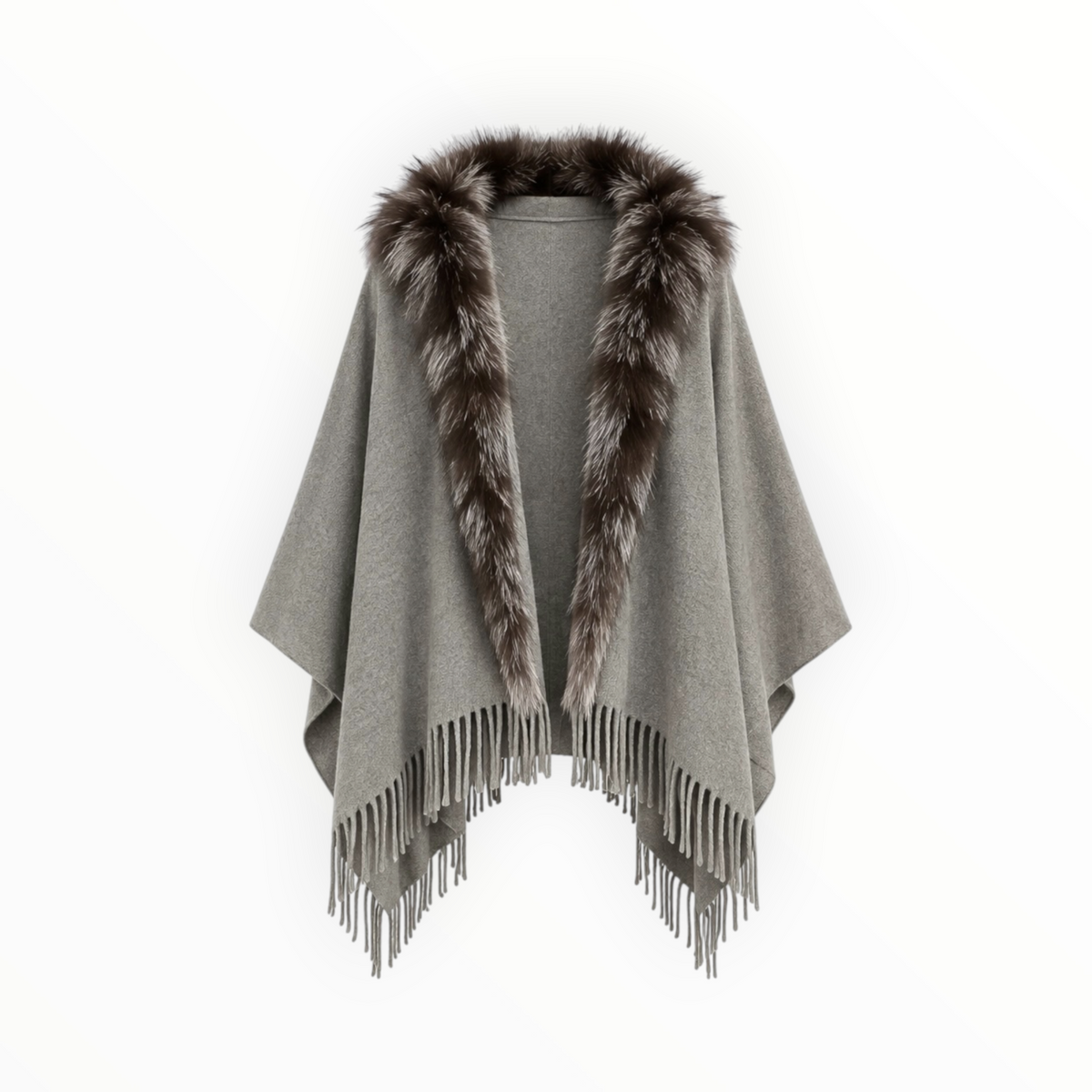 Wool Fur-Trim Fringe Shawl OS