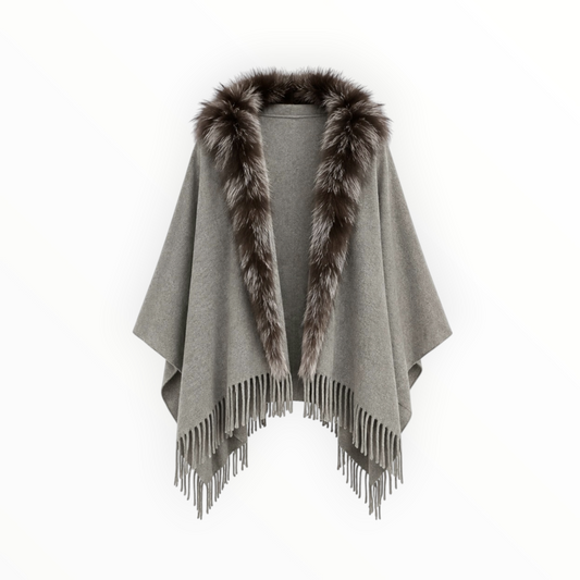 Wool Fur-Trim Fringe Shawl OS