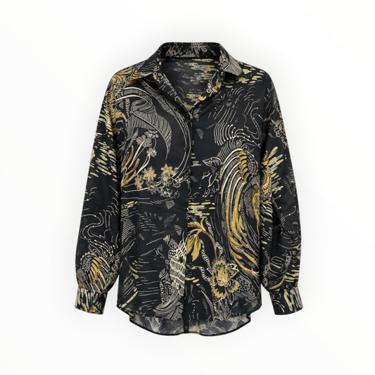 Oriental Bird Print Button-Up Blouse size 12