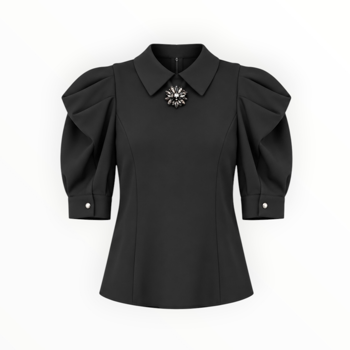 Crystal Brooch Puff-Sleeve Blouse size M