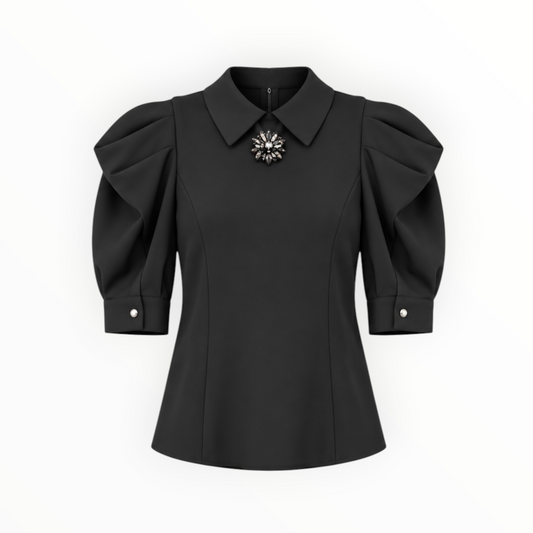 Crystal Brooch Puff-Sleeve Blouse size M