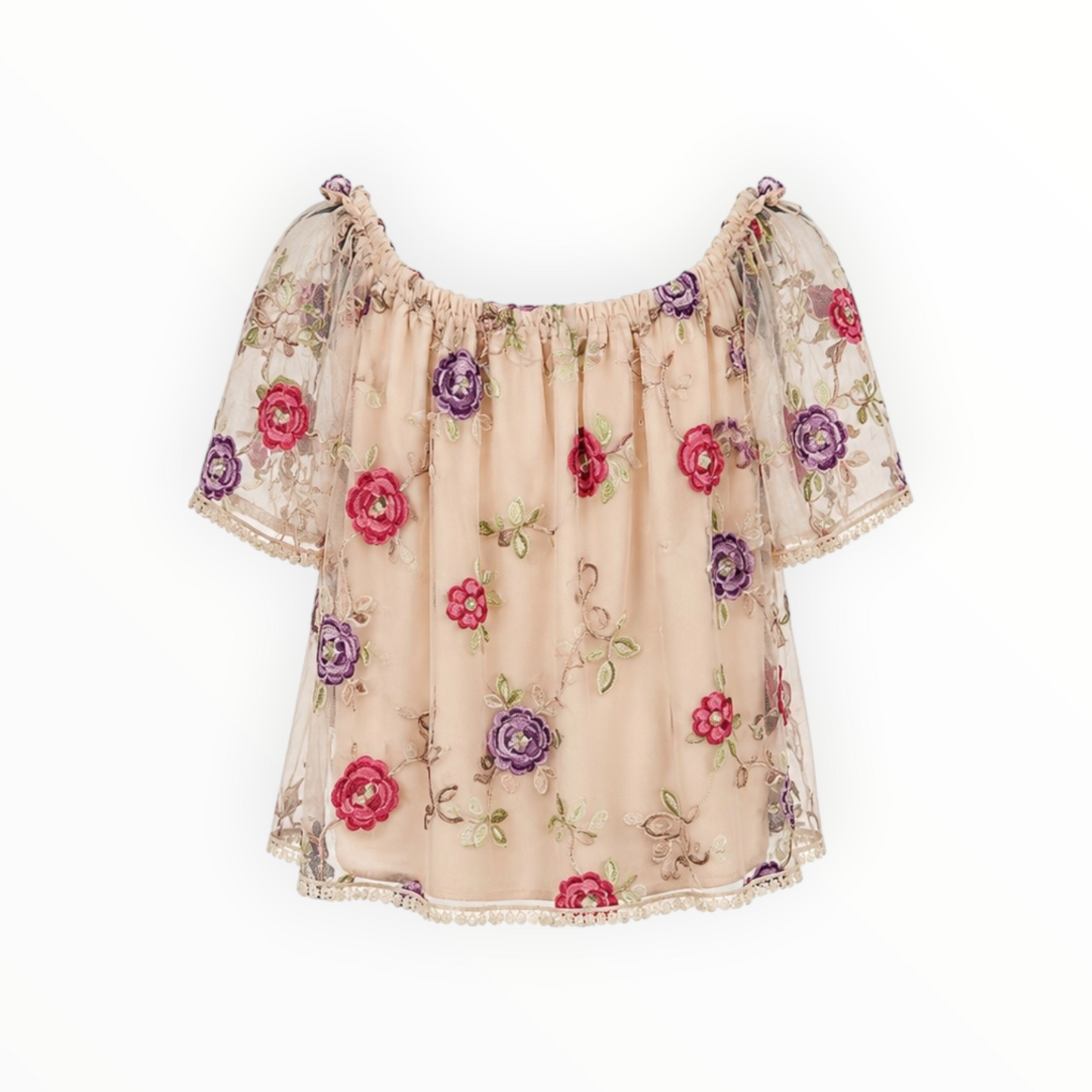 Embroidered Floral Mesh Off-the-Shoulder Top size XS
