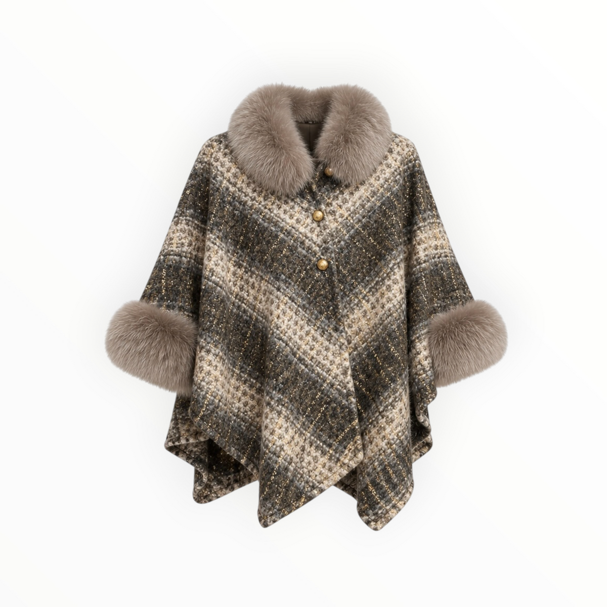 Tweed Fox Fur Trim Poncho OS