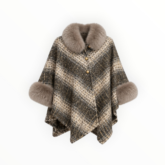 Tweed Fox Fur Trim Poncho OS