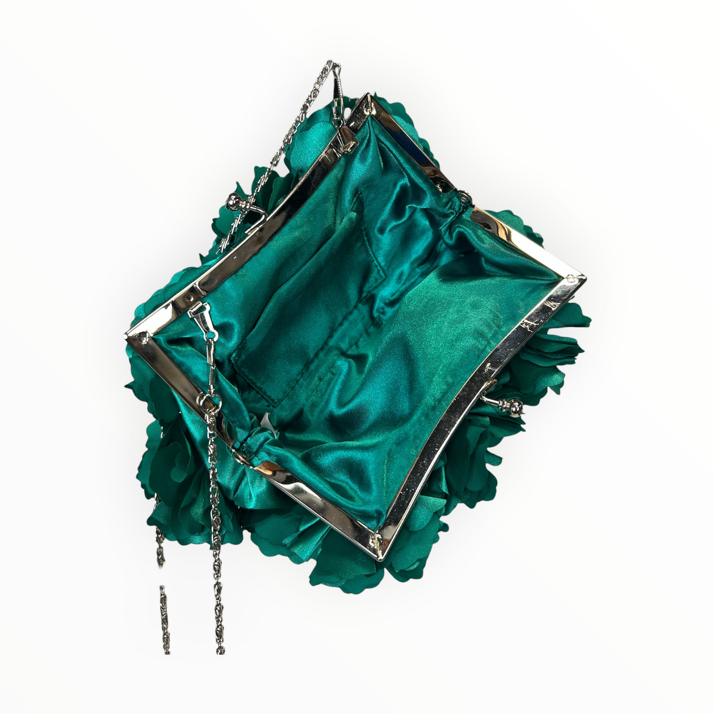 3D Floral Satin Clutch with Silver Chain Strap