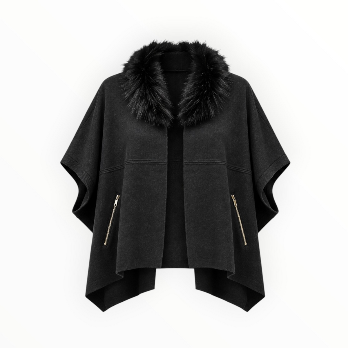 Faux Fur Collar Poncho Cape size S