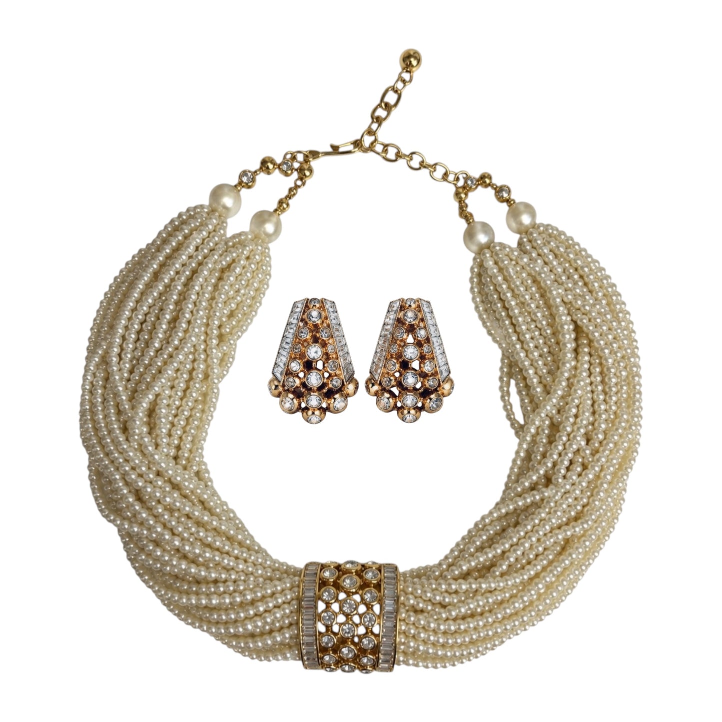 Multi-Strand Pearl Necklace, detachable Crystal Scarf Clip & Clip-On Earring Set