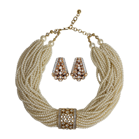 Multi-Strand Pearl Necklace, detachable Crystal Scarf Clip & Clip-On Earring Set