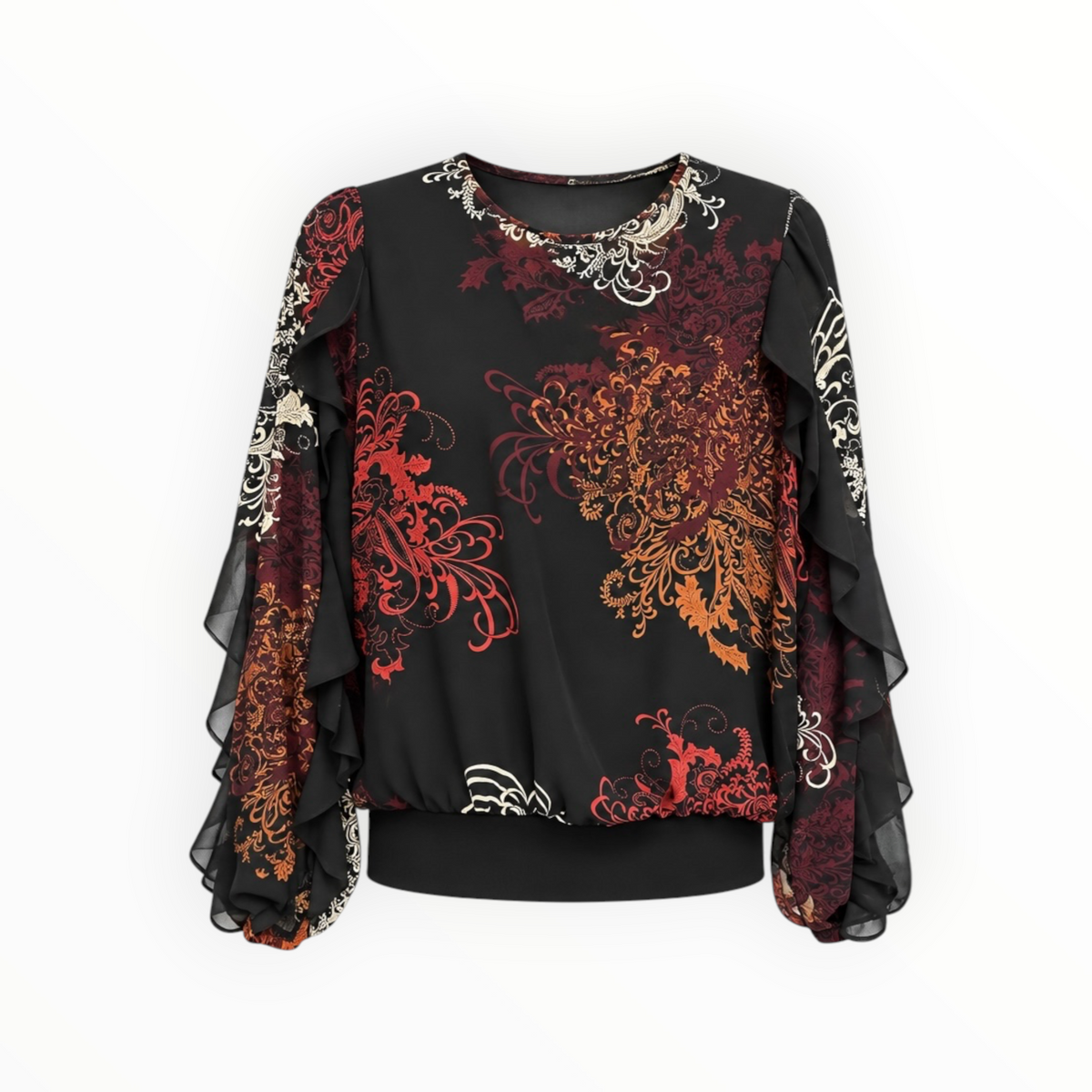 Ornate Print Ruffle Sleeve Blouse size 6