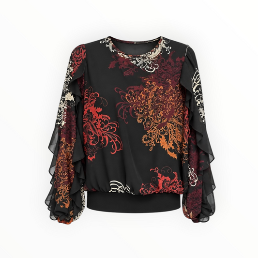 Ornate Print Ruffle Sleeve Blouse size 6
